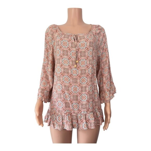 WESTPORT 1962 Women SZ XL Boho Floral Print Blouse With Ruffle Hem & 3/4 Sleeves - Picture 11 of 14